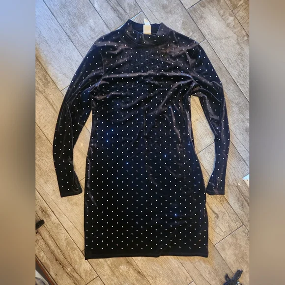 H&M Stretch Velvet Studded Rhinestone Dress L Bikercore Goth Avant - Picture 2 of 3